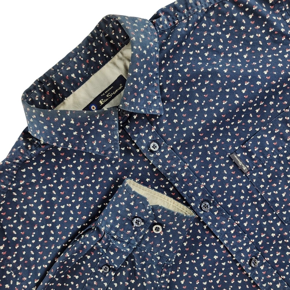 Ben Sherman Shirt Mens XL Navy Floral Micro-print Long Sleeve Cotton Button Down